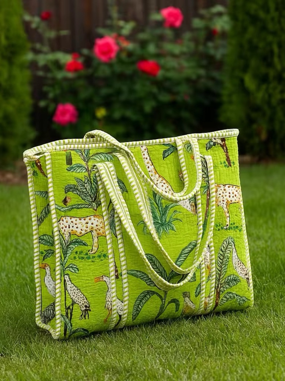 Lime Green Printed Tote Bag